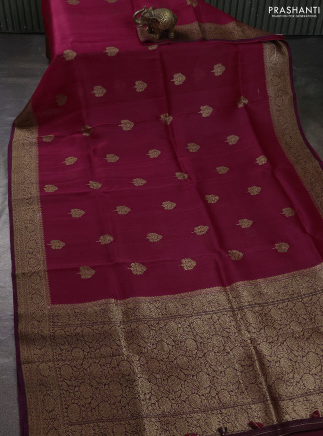 Banarasi organza silk saree maroon and coffee brown with allover thread & zari woven buttas and banarasi style border