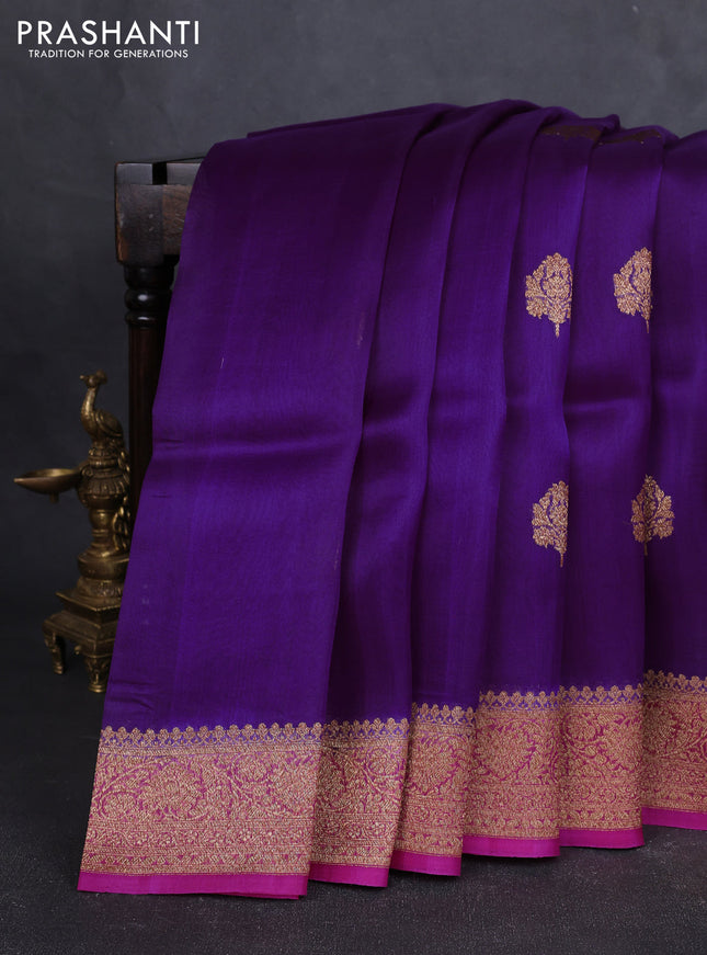 Banarasi organza silk saree purple and pink with allover thread & zari woven buttas and banarasi style border
