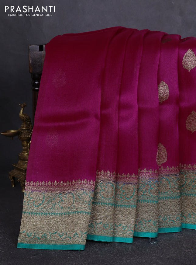 Banarasi organza silk saree pink and teal green with allover thread & zari woven buttas and banarasi style border