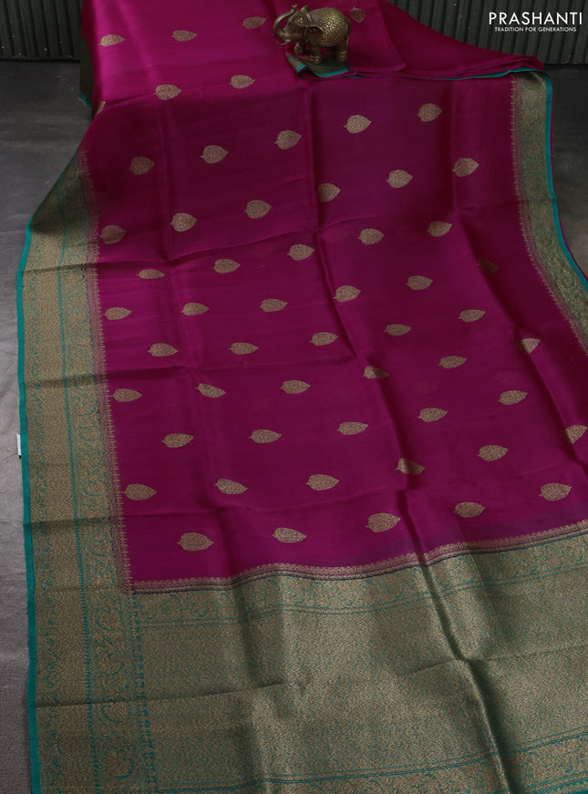 Banarasi organza silk saree pink and teal green with allover thread & zari woven buttas and banarasi style border