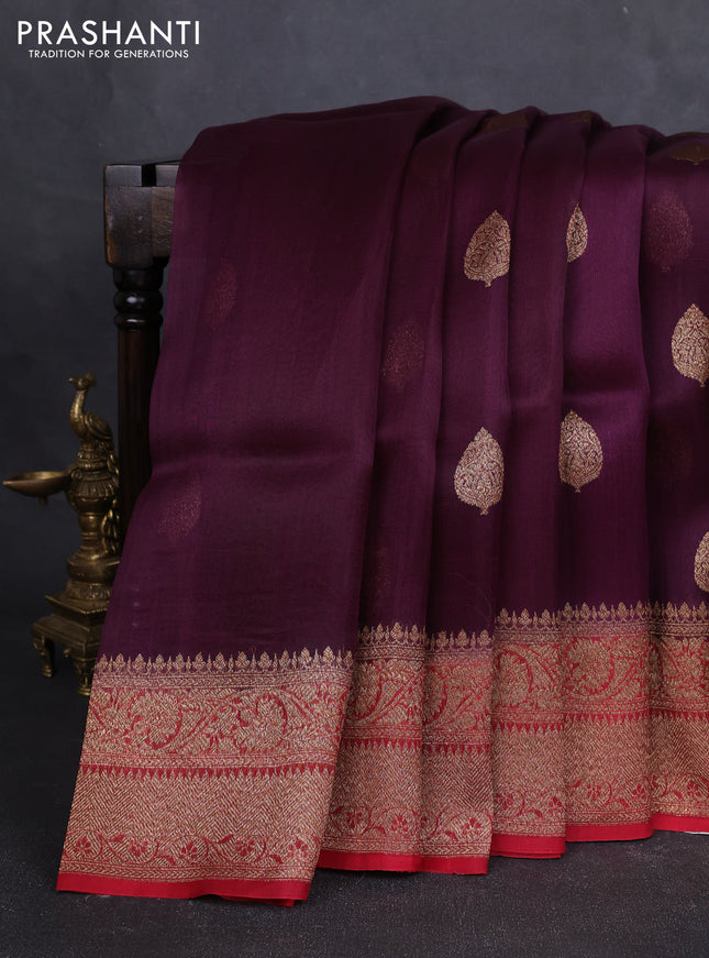 Banarasi organza silk saree wine shade and maroon with allover thread & zari woven buttas and banarasi style border