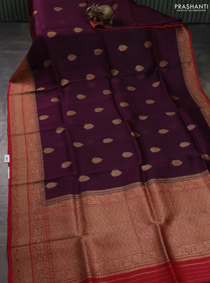 Banarasi organza silk saree wine shade and maroon with allover thread & zari woven buttas and banarasi style border