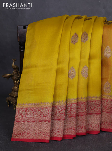 Banarasi organza silk saree yellow and red with allover thread & zari woven buttas and banarasi style border