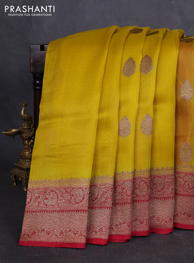 Banarasi organza silk saree yellow and red with allover thread & zari woven buttas and banarasi style border