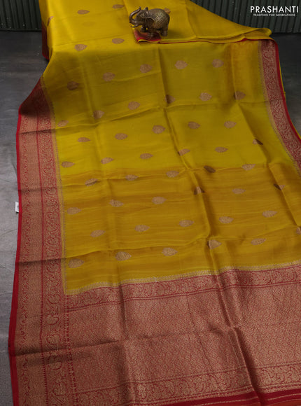 Banarasi organza silk saree yellow and red with allover thread & zari woven buttas and banarasi style border