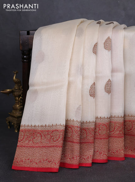 Banarasi organza silk saree off white and red with allover thread & zari woven buttas and banarasi style border