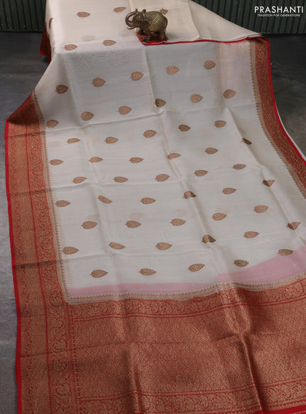 Banarasi organza silk saree off white and red with allover thread & zari woven buttas and banarasi style border