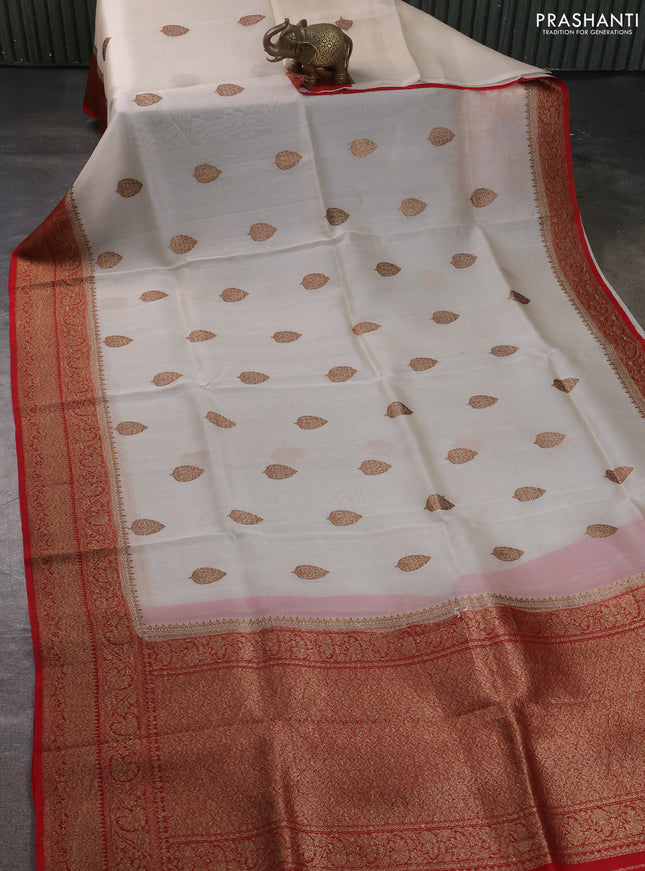 Banarasi organza silk saree off white and red with allover thread & zari woven buttas and banarasi style border