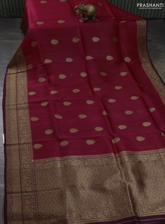 Banarasi organza silk saree maroon and wine shade with allover thread & zari woven buttas and banarasi style border