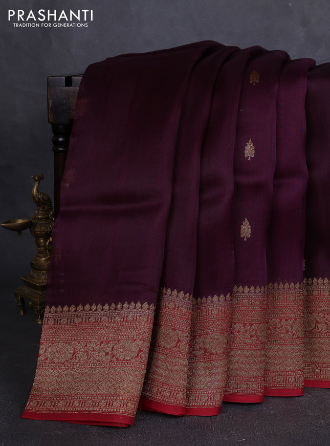 Banarasi organza silk saree wine shade and maroon with allover thread & zari woven buttas and banarasi style border