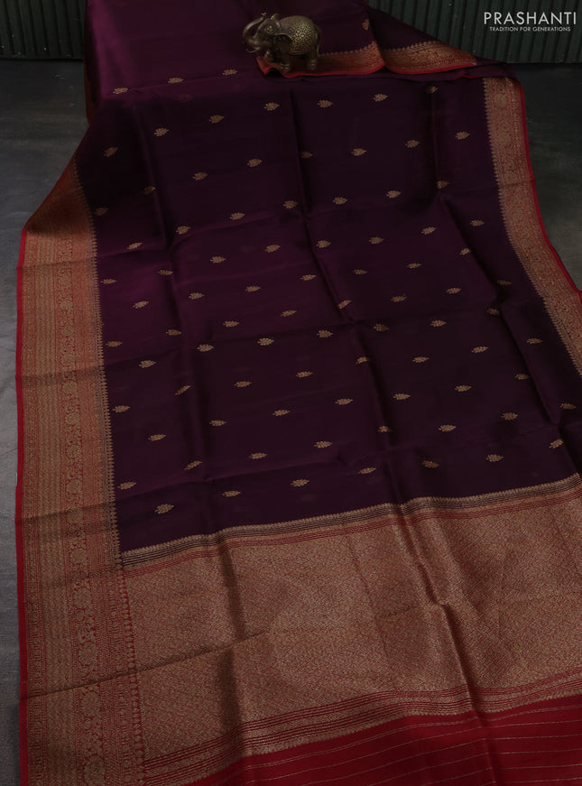 Banarasi organza silk saree wine shade and maroon with allover thread & zari woven buttas and banarasi style border