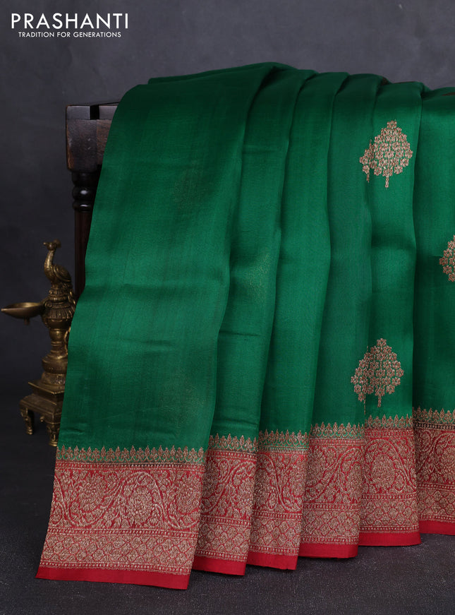 Banarasi organza silk saree green and red with allover thread & zari woven buttas and banarasi style border