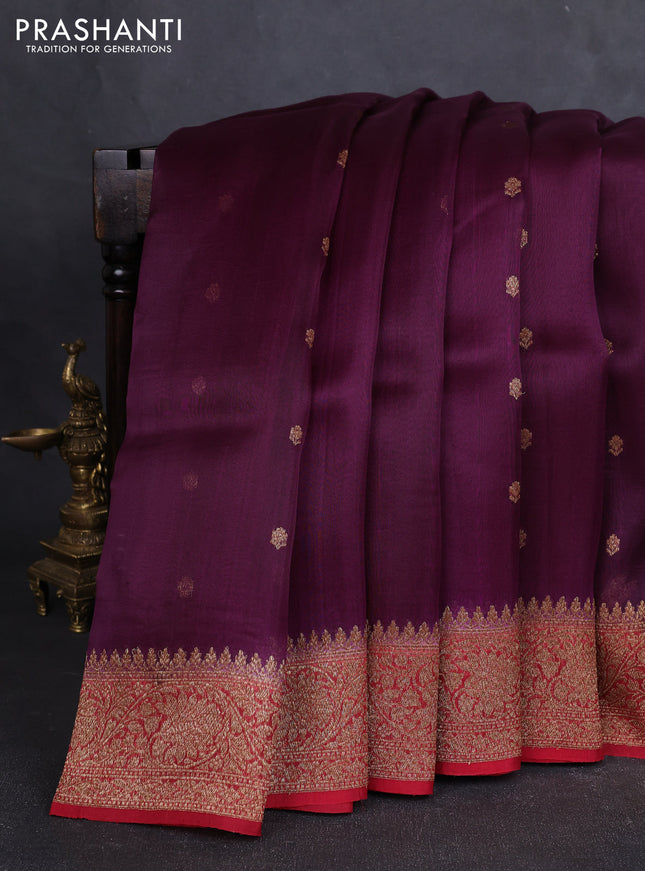 Banarasi organza silk saree wine shade and maroon with allover thread & zari woven buttas and banarasi style border