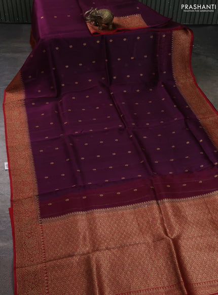 Banarasi organza silk saree wine shade and maroon with allover thread & zari woven buttas and banarasi style border