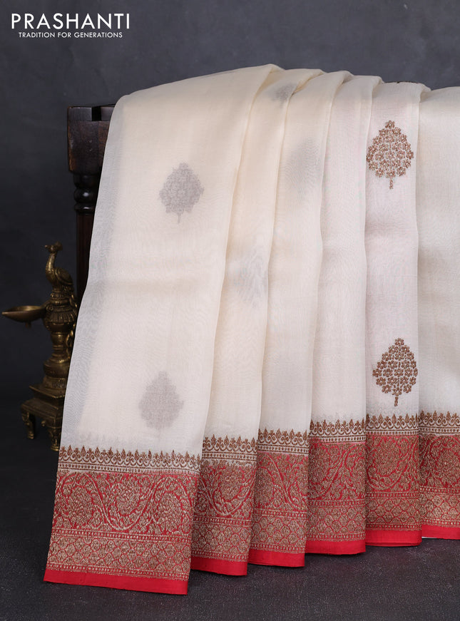 Banarasi organza silk saree off white and red with allover thread & zari woven buttas and banarasi style border