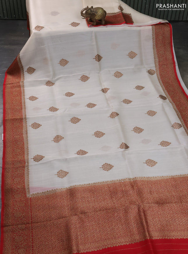 Banarasi organza silk saree off white and red with allover thread & zari woven buttas and banarasi style border