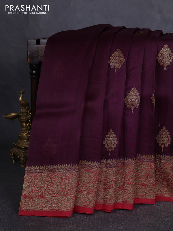 Banarasi organza silk saree wine shade and maroon with allover thread & zari woven buttas and banarasi style border