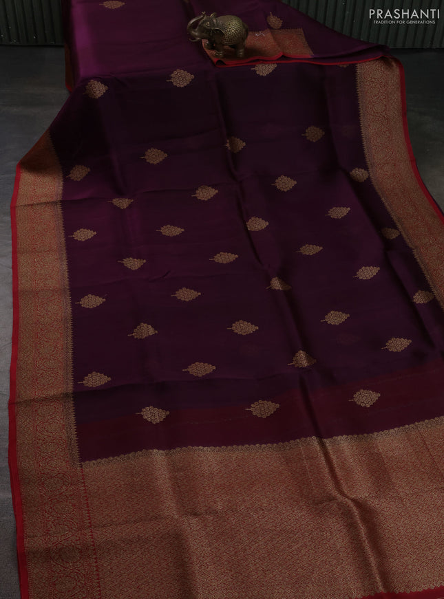 Banarasi organza silk saree wine shade and maroon with allover thread & zari woven buttas and banarasi style border
