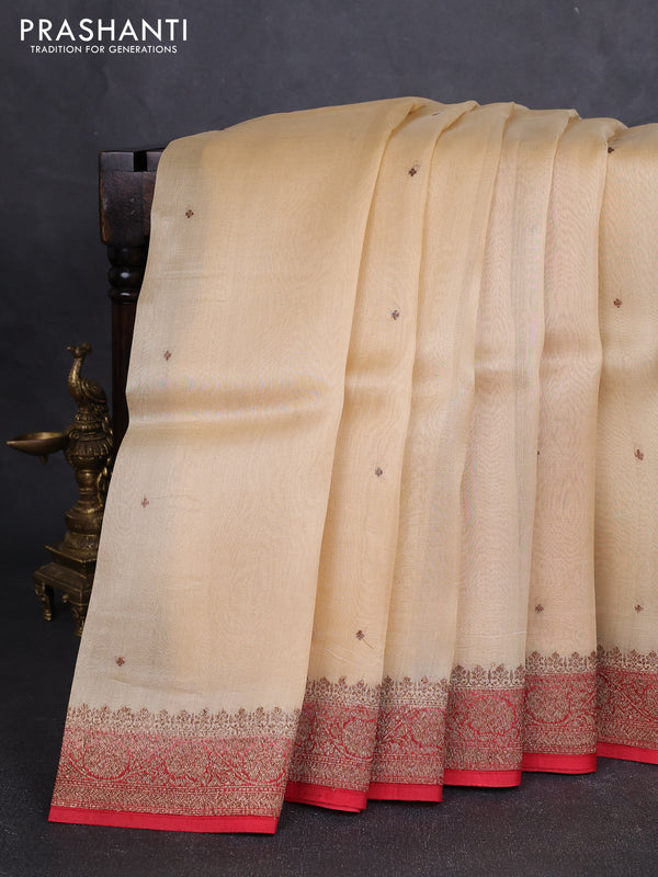 Banarasi organza silk saree beige and maroon with allover thread & zari woven buttas and banarasi style border