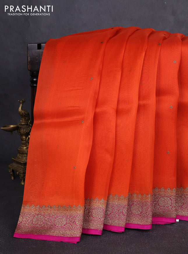 Banarasi organza silk saree orange and pink with allover thread & zari woven buttas and banarasi style border