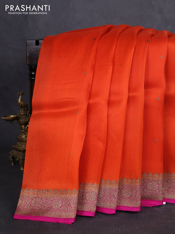 Banarasi organza silk saree orange and pink with allover thread & zari woven buttas and banarasi style border