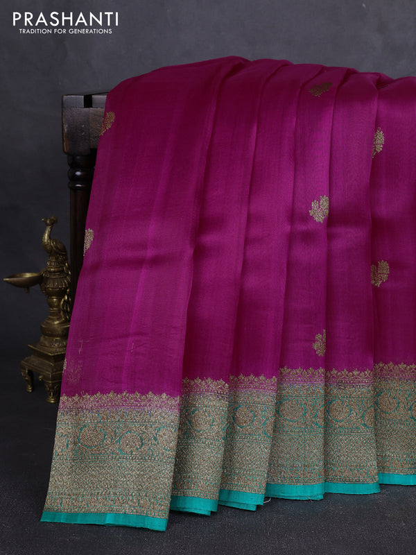 Banarasi organza silk saree pink and teal green with allover thread & zari woven buttas and banarasi style border