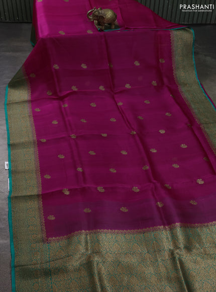 Banarasi organza silk saree pink and teal green with allover thread & zari woven buttas and banarasi style border