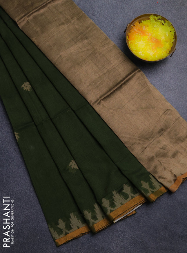 Bengal cotton saree sap green with thread woven buttas and thread & zari woven border