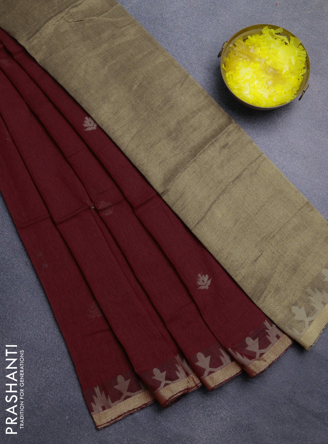 Bengal cotton saree maroon with thread woven buttas and thread & zari woven border