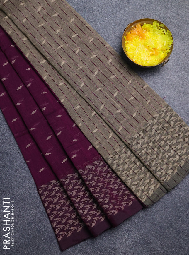 Bengal cotton saree deep purple with allover thread woven buttas and thread woven border