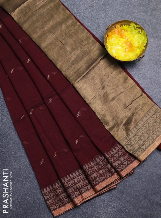 Bengal cotton saree deep maroon with thread woven buttas and thread & zari woven border