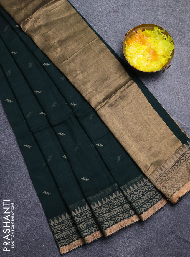 Bengal cotton saree bottle green with thread woven buttas and thread & zari woven border