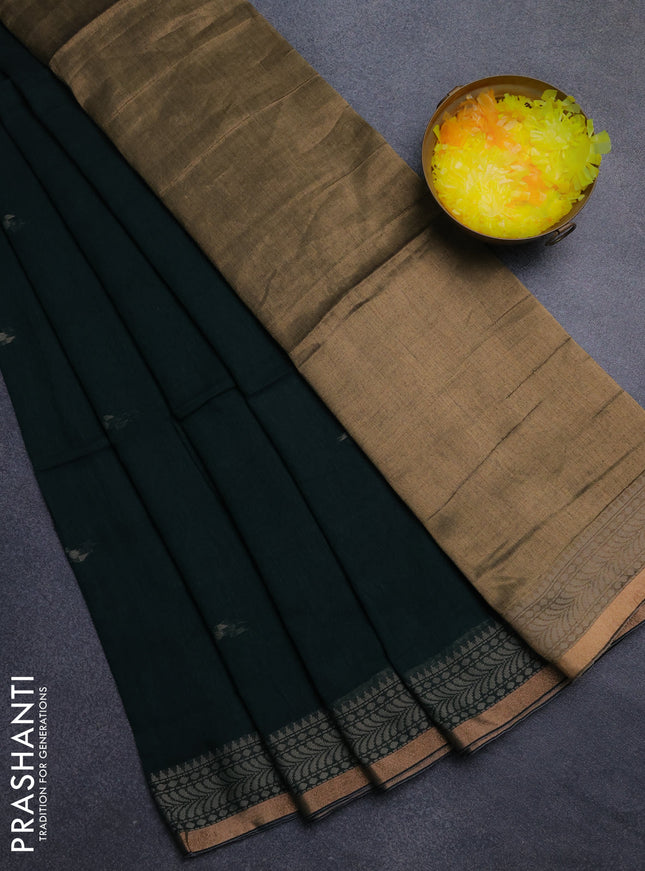 Bengal cotton saree bottle green with thread woven buttas and thread & zari woven border
