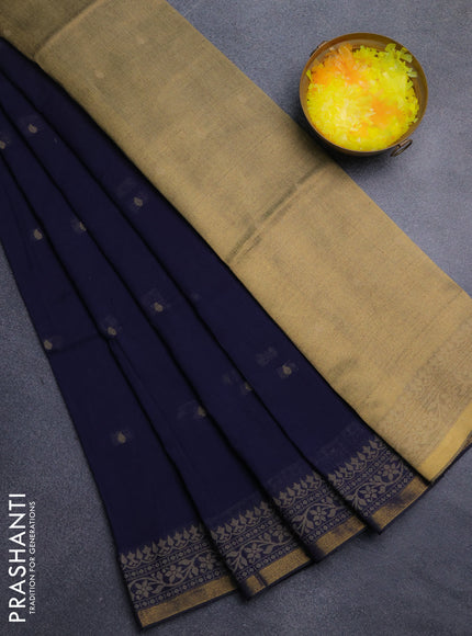 Bengal cotton saree navy blue with thread woven buttas and thread & zari woven border