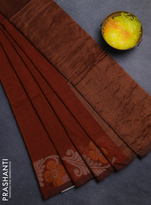 Bengal cotton saree rust shade with plain body and floral thread woven border