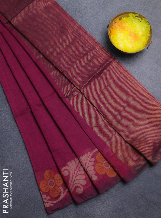 Bengal cotton saree magenta pink with plain body and floral thread woven border