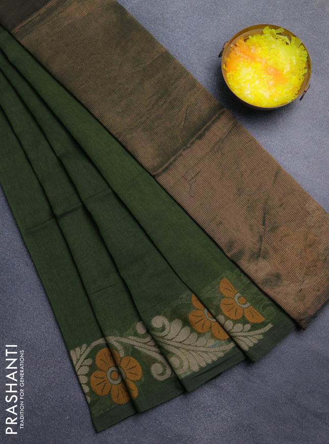 Bengal cotton saree olive green with plain body and floral thread woven border