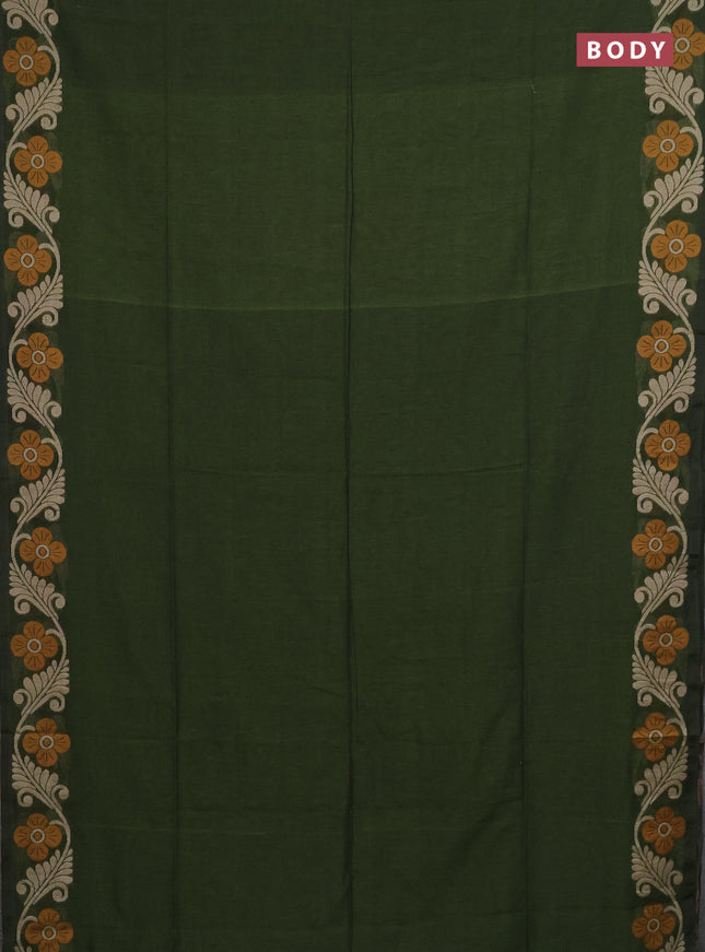 Bengal cotton saree olive green with plain body and floral thread woven border