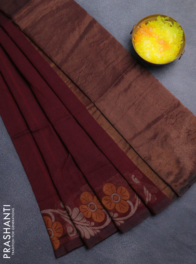 Bengal cotton saree wine shade with plain body and floral thread woven border
