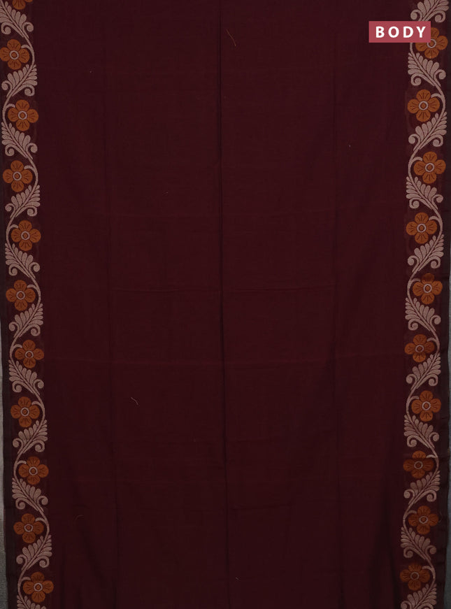 Bengal cotton saree wine shade with plain body and floral thread woven border