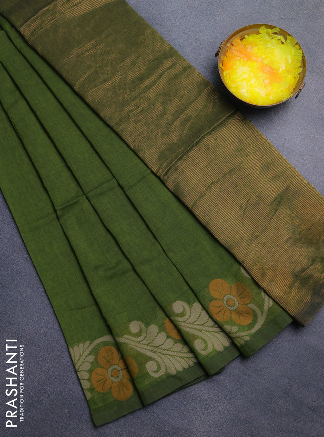 Bengal cotton saree mehendi green with plain body and floral thread woven border