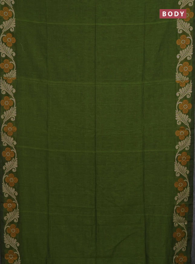 Bengal cotton saree mehendi green with plain body and floral thread woven border