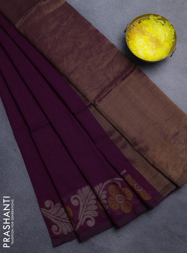 Bengal cotton saree purple with plain body and floral thread woven border