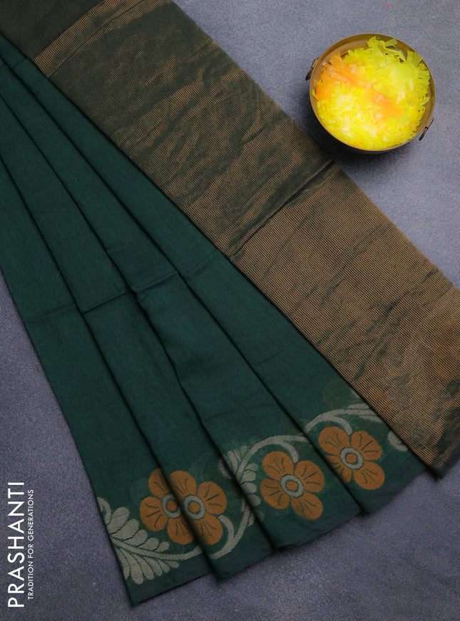 Bengal cotton saree green with plain body and floral thread woven border