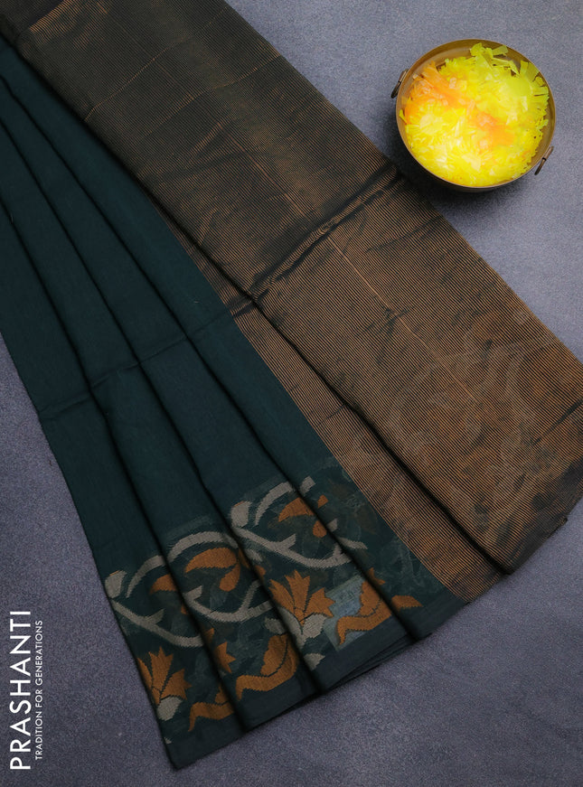 Bengal cotton saree bottle green with plain body and thread woven border