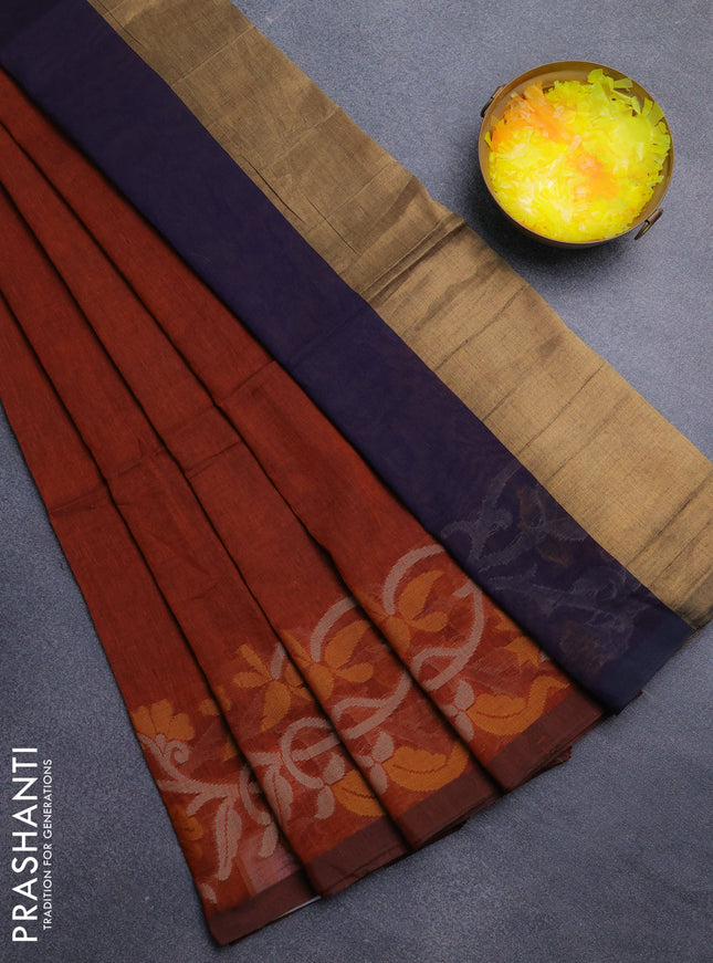Bengal cotton saree rust shade with plain body and thread woven border