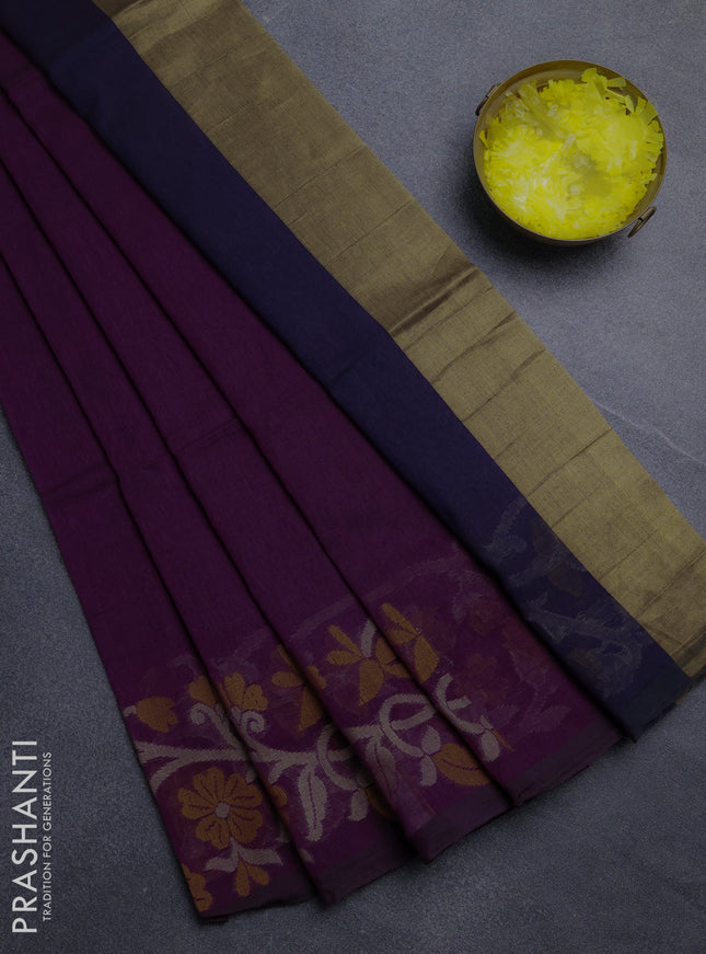 Bengal cotton saree purple with plain body and thread woven border