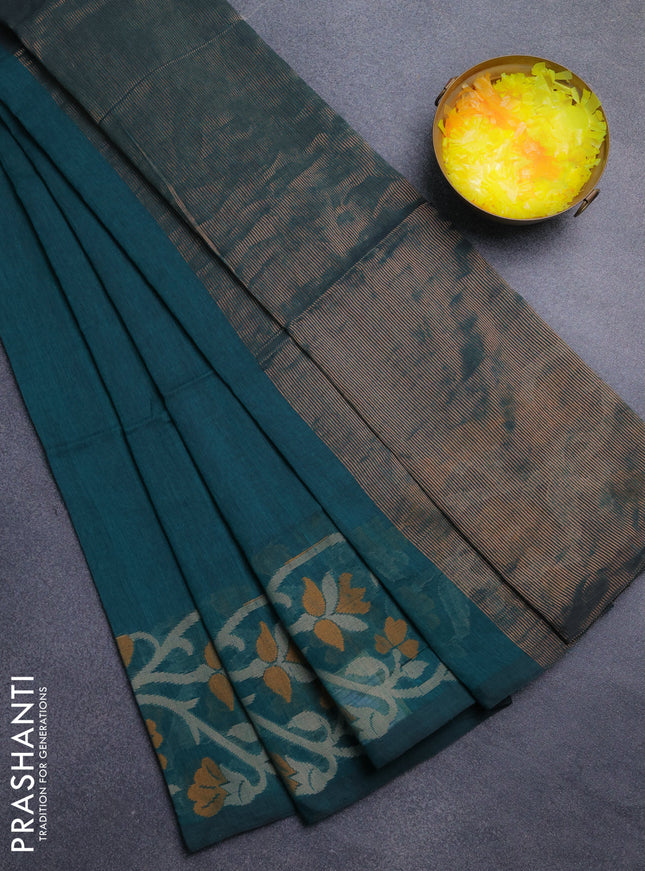 Bengal cotton saree peacock green with plain body and thread woven border