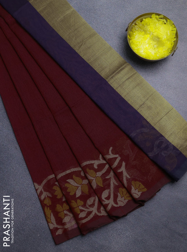 Bengal cotton saree maroon with plain body and thread woven border