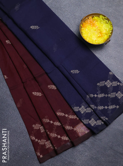Bengal cotton saree maroon and navy blue with thread woven buttas and thread woven border